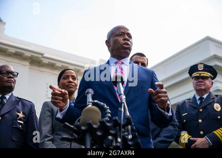 Washington, United States. 12th July, 2021. Borough President of Brooklyn Eric Adams speaks to reporters outside of the West Wing of the White House following a meeting with President Joe Biden on the Administration's strategy to reduce gun crimes in the United States in Washington, DC, on Monday, July 12, 2021. Adams is a Democratic mayoral nominee for New York City. Photo by Sarah Silbiger/Pool/Sipa USA Credit: Sipa USA/Alamy Live News Stock Photo