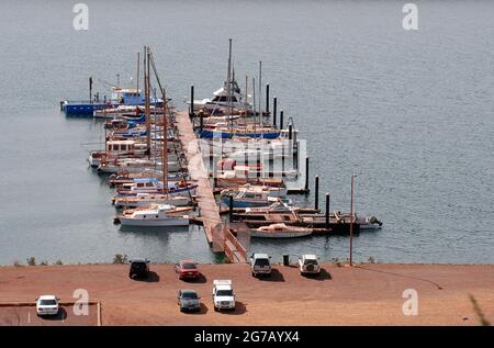 Boats moored on a jetty, Whyalla foreshore, Spencer Gulf, South Australia Stock Photo