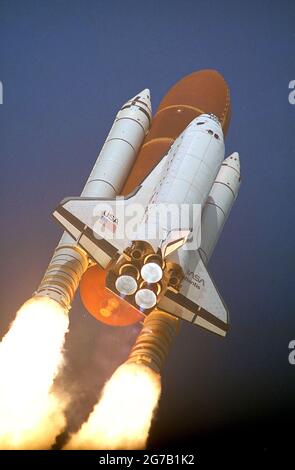 Space Shuttle Atlantis. STS-45 Launch. With its twin solid rocket boosters and three main engines churning at seven million pounds of thrust, the Space Shuttle Atlantis thunders skyward  A unique optimised and enhanced version of an NASA image / credit NASA Stock Photo