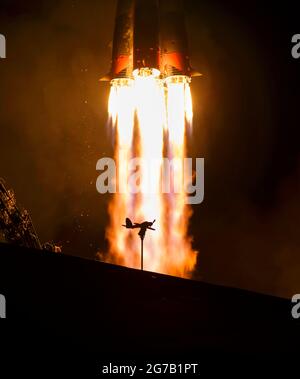 The Soyuz MS-12 spacecraft is launched with Expedition 59 crewmembers Nick Hague and Christina Koch of NASA, along with Alexey Ovchinin of Roscosmos, 15 March 2019, at the Baikonur Cosmodrome in Kazakhstan. Hague, Koch, and Ovchinin will spend six-and-a-half months living and working aboard the International Space Station.  A unique, optimised and digitally enhanced version of an NASA image by senior NASA photographer Bill Ingalis / credit NASA Stock Photo