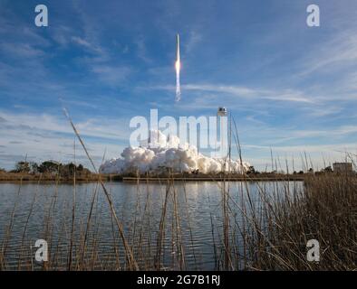 The Northrop Grumman Antares rocket, with Cygnus resupply spacecraft onboard, launches from NASA's Wallops Flight Facility in Virginia. 15 Feb 2020. A resupply mission for the International Space Station, delivering about 7,500 pounds of science and research, crew supplies and vehicle hardware.  A unique, optimised and digitally enhanced version of an NASA image by A Gemignani / credit NASA