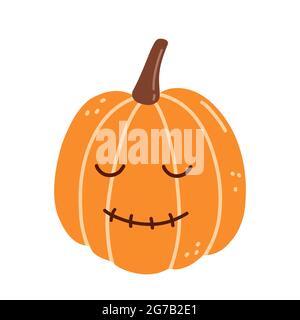 Cute smiling pumpkin for Halloween isolated on white background. Vector hand-drawn illustration in cartoon flat style. Suitable for cards, invitations Stock Vector