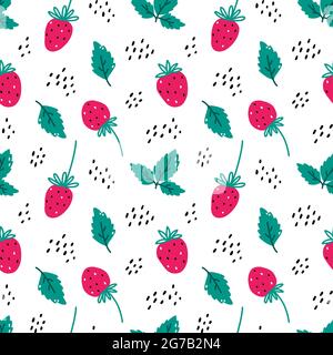 Cute seamless pattern with strawberry and leaves on white background. Vector hand-drawn illustration in cartoon style. Perfect for wrapping paper, textile, print, fabric. Stock Vector