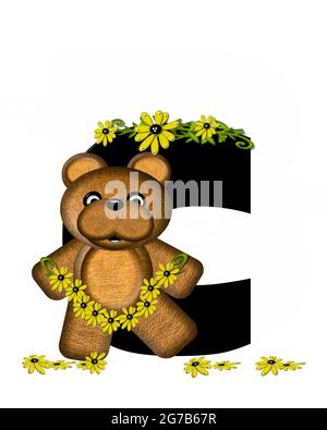 The letter C, in the alphabet set 'Teddy Making Daisy Chain,' is black.  Teddy bear gathers daisies to make yellow daisy chains. Stock Photo