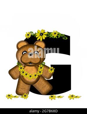 The letter G, in the alphabet set 'Teddy Making Daisy Chain,' is black.  Teddy bear gathers daisies to make yellow daisy chains. Stock Photo