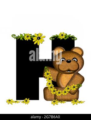 The letter H, in the alphabet set 'Teddy Making Daisy Chain,' is black.  Teddy bear gathers daisies to make yellow daisy chains. Stock Photo