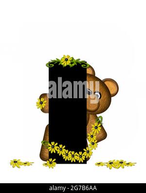 The letter I, in the alphabet set 'Teddy Making Daisy Chain,' is black.  Teddy bear gathers daisies to make yellow daisy chains. Stock Photo