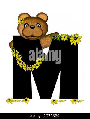 The letter M, in the alphabet set 'Teddy Making Daisy Chain,' is black.  Teddy bear gathers daisies to make yellow daisy chains. Stock Photo