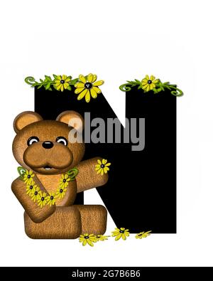 The letter N, in the alphabet set 'Teddy Making Daisy Chain,' is black.  Teddy bear gathers daisies to make yellow daisy chains. Stock Photo