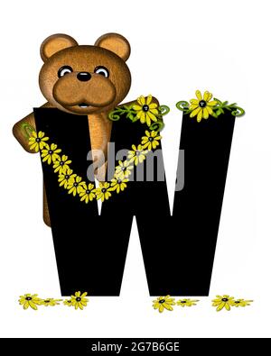 The letter W, in the alphabet set 'Teddy Making Daisy Chain,' is black.  Teddy bear gathers daisies to make yellow daisy chains. Stock Photo