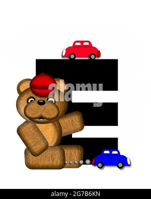 The letter E, in the alphabet set 'Teddy Playing Cars,' is black and is decorated with a teddy bear playing with colorful cars.  He is also wearing a Stock Photo