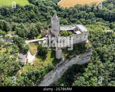 Aerial view of the Rudelsburg near Saaleck Stock Photo