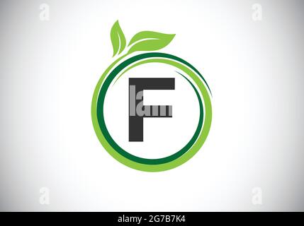 Initial F monogram letter alphabet in a spiral with green leaves. Font emblem. Nature icon sign symbol. Stock Vector