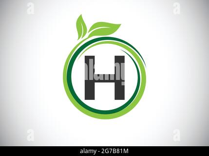 Initial H monogram letter alphabet in a spiral with green leaves. Font emblem. Nature icon sign symbol. Stock Vector