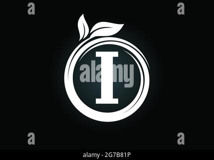 Initial I monogram letter alphabet in a spiral with green leaves. Font emblem. Nature icon sign symbol. Stock Vector