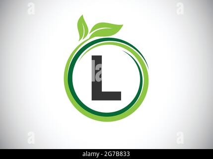 Initial L monogram letter alphabet in a spiral with green leaves. Font emblem. Nature icon sign symbol. Stock Vector