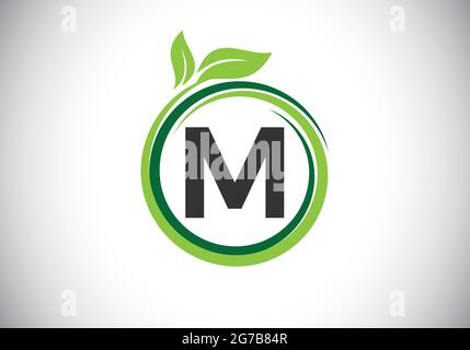 Initial M monogram letter alphabet in a spiral with green leaves. Font emblem. Nature icon sign symbol. Stock Vector