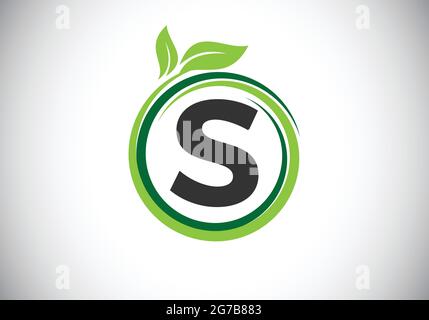 Initial S monogram letter alphabet in a spiral with green leaves. Font emblem. Nature icon sign symbol. Stock Vector