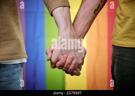Gay couple holding hands when standing against LGBT rainbow flag Stock Photo