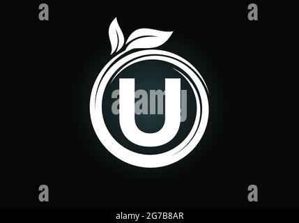 Initial U monogram letter alphabet in a spiral with green leaves. Font emblem. Nature icon sign symbol. Stock Vector