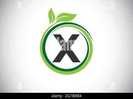 Initial X monogram letter alphabet in a spiral with green leaves. Font emblem. Nature icon sign symbol. Stock Vector
