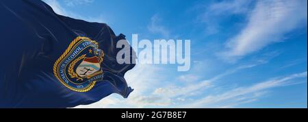 Minsk, Belarus - May, 2021: flag of Bureau of Alcohol, Tobacco, Firearms and Explosives waving in the wind. USA Departments. Copy space. 3d illustrati Stock Photo