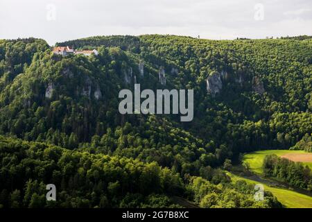 View from Eichfelsen to Wildenstein Castle, near Irndorf, Upper Danube nature Park, Upper Danube Valley, Danube, Swabian Alb, Baden-Wuerttemberg Stock Photo