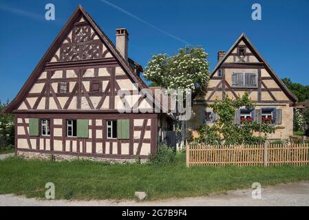Houses of small farmers, on the left half-timbered house built in front of 1600, on the right a crofter's house/vintner's house built in 1706 Stock Photo