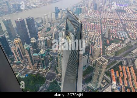 View from the highest observatory of the world on 562 meters height in the 632 meters high skyscraper Shanghai Tower to the special economic zone Stock Photo
