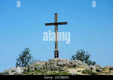 Kampenwand, devotional cross at the panorama path, August, Chiemgau, Aschau, Bavaria, Germany Stock Photo