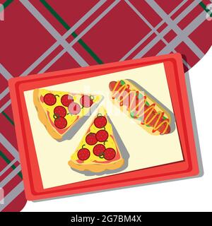 Pizza lying on a tray, checkered tablecloth - Vector illustration Stock Vector