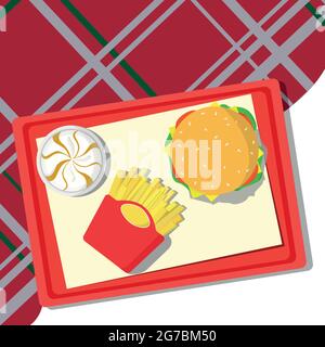 Fast food lying on a tray, checkered tablecloth - Vector illustration Stock Vector