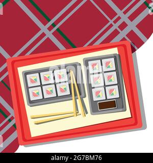 Set for rolls lying on a tray, checkered tablecloth - Vector illustration Stock Vector