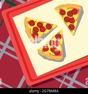 Pizza lying on a tray, checkered tablecloth - Vector illustration Stock Vector