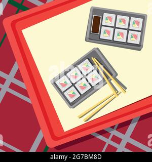 Set for rolls lying on a tray, checkered tablecloth - Vector illustration Stock Vector
