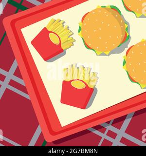 Fast food lying on a tray, checkered tablecloth - Vector illustration Stock Vector