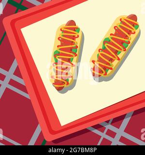 Fast food lying on a tray, checkered tablecloth - Vector illustration Stock Vector