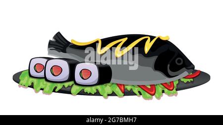 Fresh baked fish with rolls on a white background - Vector illustration Stock Vector