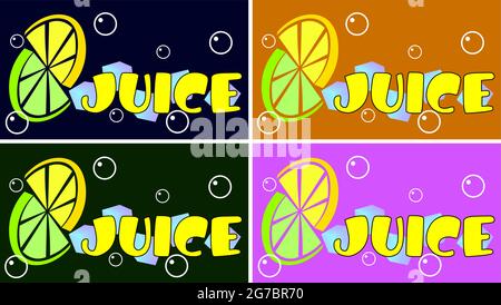 logo juice with lime, lemon, ice and bubbles in different colors 2 Stock Vector