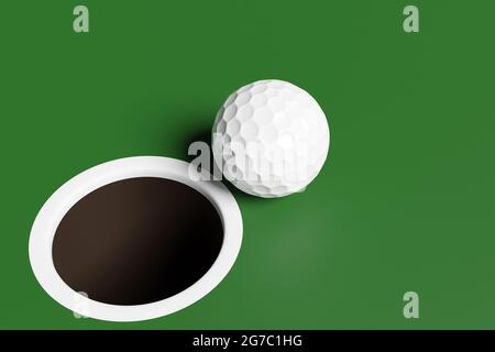 3d illustration of a white golf ball near the hole on the playing field Stock Photo