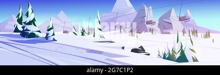 Winter landscape with ski lift chairs in mountains with snow and fir trees. Vector cartoon illustration of cableway for skiers, chairlift above slope. Concept of winter sport and leisure activity Stock Vector