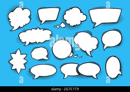 Speech bubbles with halftone shadows in comic style. Set of speech boxes isolated in blue background. Handdrawn vector illustration Stock Vector