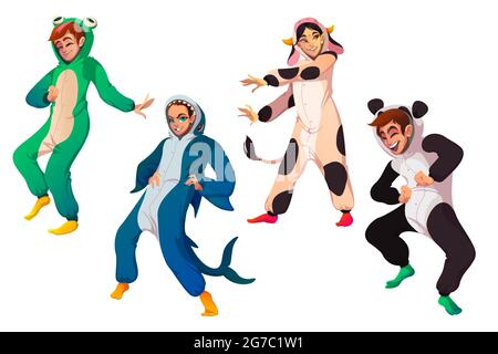 People in kigurumi pajamas, young men and women wearing animal costumes frog, shark, cow and panda. Teenagers dance and fun at home party, Halloween or New Year celebration Cartoon vector illustration Stock Vector