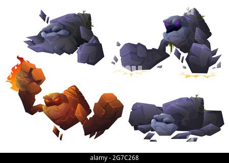 Stone and lava golem characters in different poses isolated on white background. Vector cartoon set of big giant angry and sleeps. Fantasy monster from gray rock with big fists Stock Vector