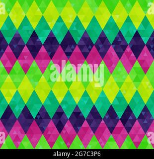 Abstract geometric harlequin pattern from rows of rhombuses in green, yellow, pink and purple colors. Mardi Gras holiday poster backdrop design, wallpaper, packaging, wrapping paper, cover. Stock Vector