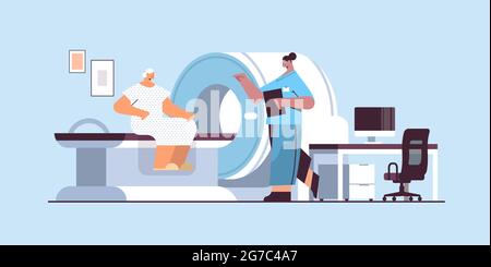 doctor with senior patient in tomography machine magnetic resonance imaging mri equipment hospital radiology Stock Vector