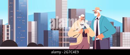 senior couple standing together grandparents spending time together cityscape background Stock Vector