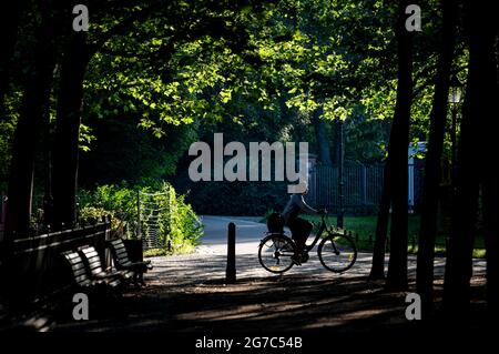 Berlin, Germany. 13th July, 2021. A cyclist rides through the Volkspark Friedrichshain. Credit: Fabian Sommer/dpa/Alamy Live News Stock Photo