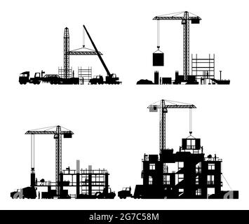 Construction Site Stages Silhouette Isolated Stock Vector