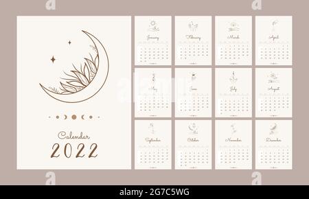 Magic calendar 2022. Template with hands and celestial elements. Abstract aesthetic vector illustration in boho style Stock Vector